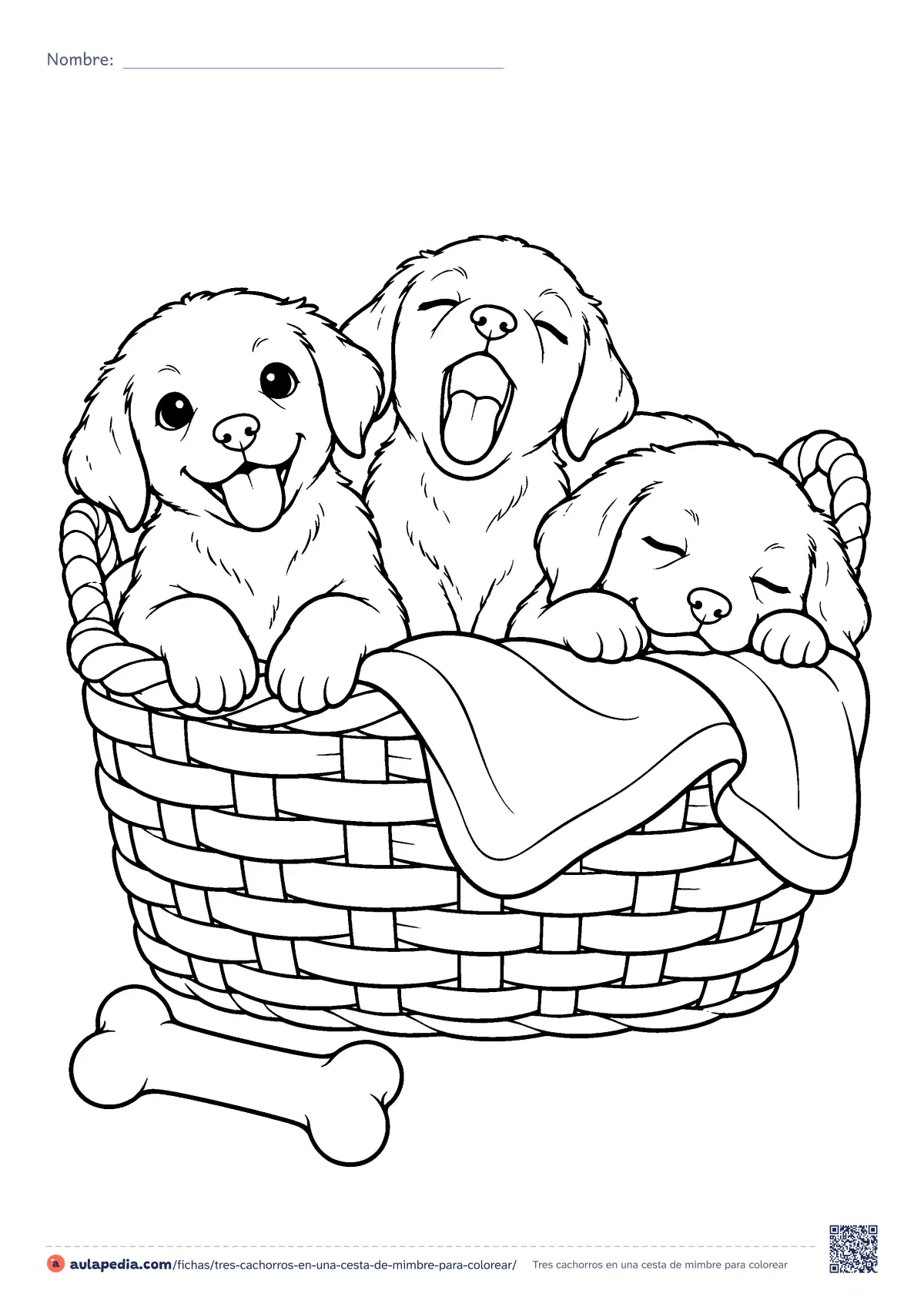 Primera página de la ficha «Tres cachorros en una cesta de mimbre»: uno despierto, uno que bosteza y uno dormido. Para colorear e imprimir.