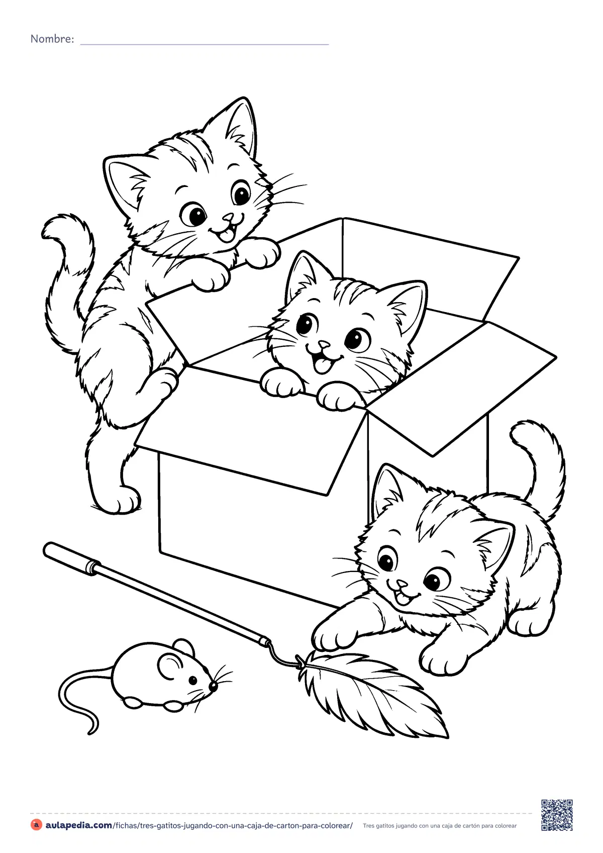 Primera página de la ficha «Tres gatitos jugando con una caja de cartón»: tres gatitos juegan con una caja de cartón, una varita con pluma y un ratón de juguete. Dibujo para colorear e imprimir gratis.