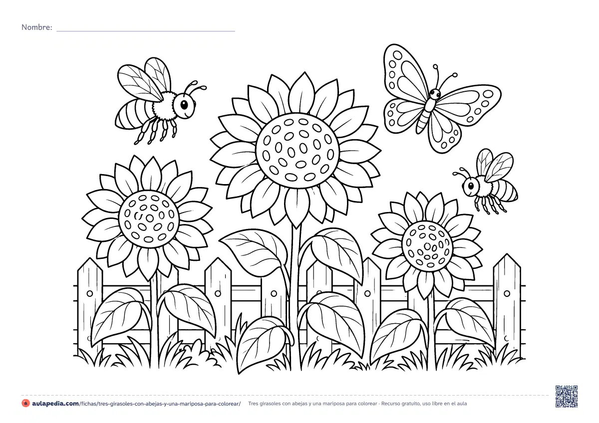 Primera página de la ficha «Tres girasoles con abejas y una mariposa»: tres girasoles de distinta altura ante una valla de madera, con dos abejas y una mariposa. Hoja apaisada de dificultad media.