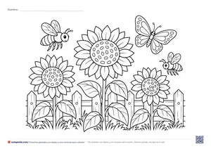 Vista previa de «Tres girasoles con abejas y una mariposa»