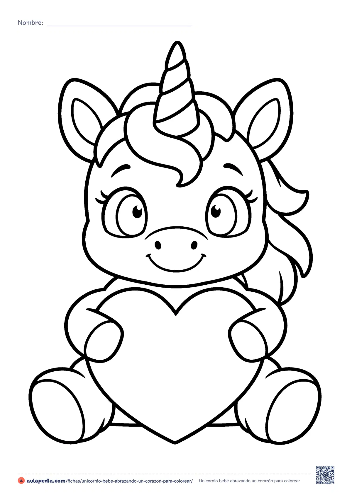 Primera página de la ficha «Unicornio bebé abrazando un corazón»: un unicornio bebé sentado que abraza un corazón enorme. Dibujo fácil de contorno muy grueso para colorear en Infantil y preescolar.