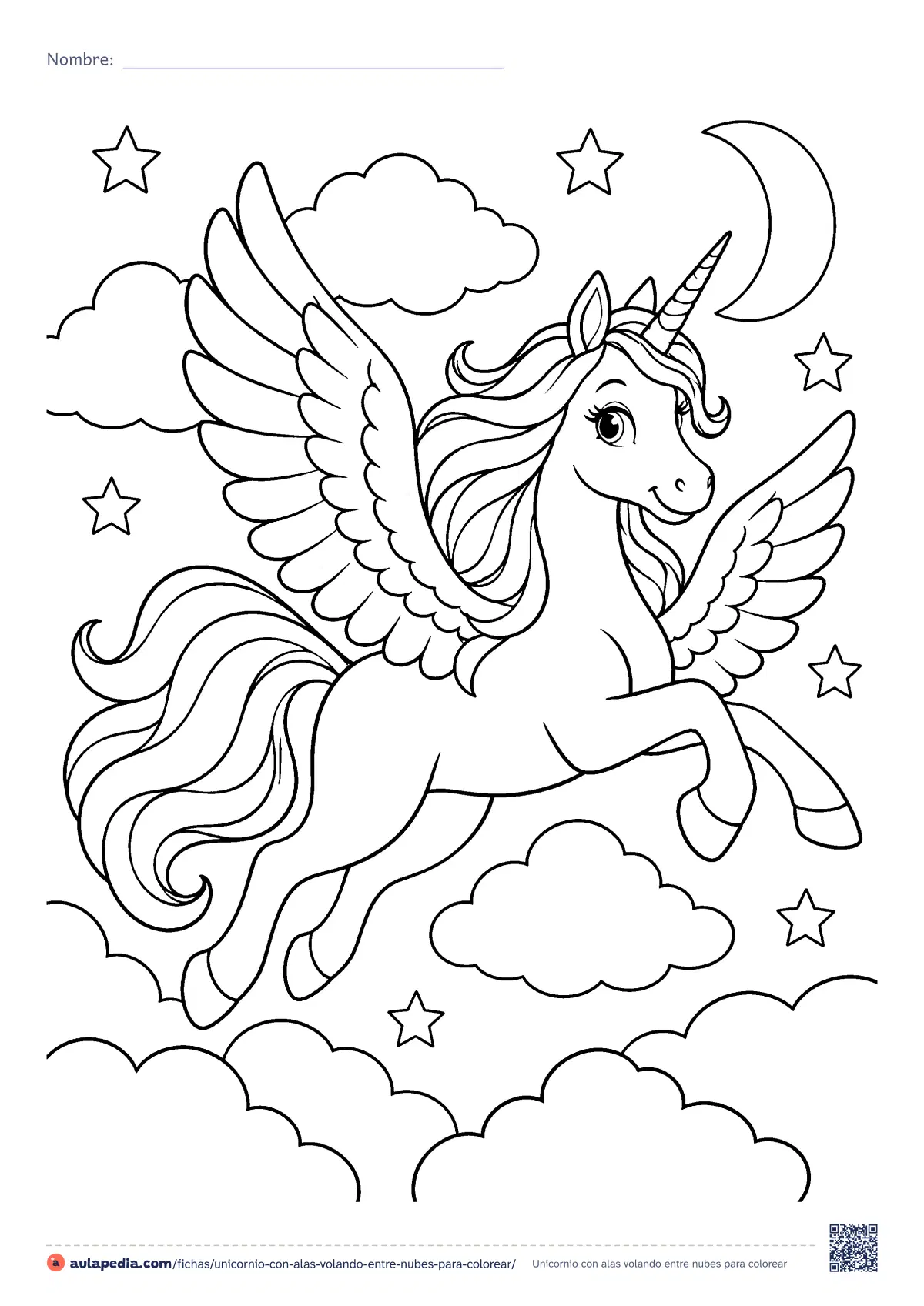 Primera página de la ficha «Unicornio con alas volando entre nubes»: un unicornio con alas vuela entre nubes, estrellas y una luna creciente, con la crin y la cola al viento. Para colorear e imprimir.