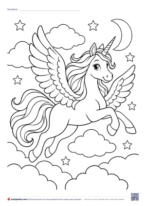 Vista previa de «Unicornio con alas volando entre nubes»