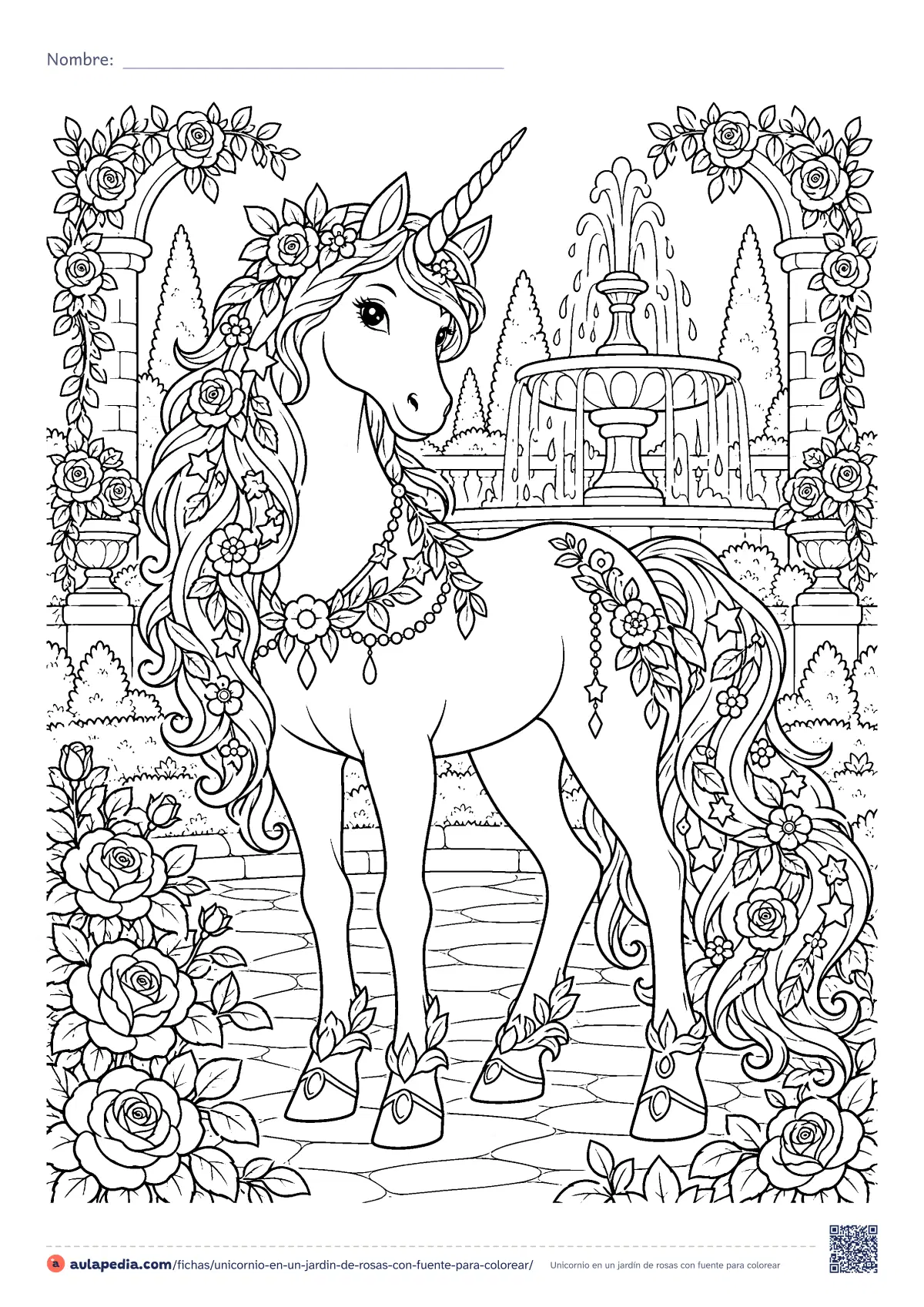 Primera página de la ficha «Unicornio en un jardín de rosas con fuente»: un unicornio con la crin y la cola llenas de rosas, estrellas y hojas, en un jardín con fuente y arcos de rosales. Dibujo detallado.
