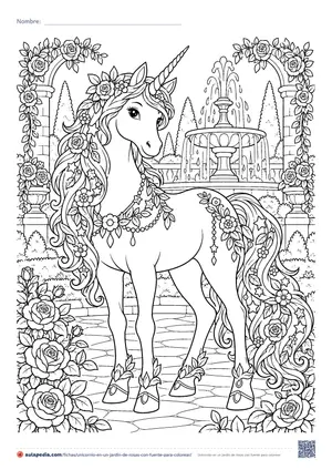 Vista previa de «Unicornio en un jardín de rosas con fuente»