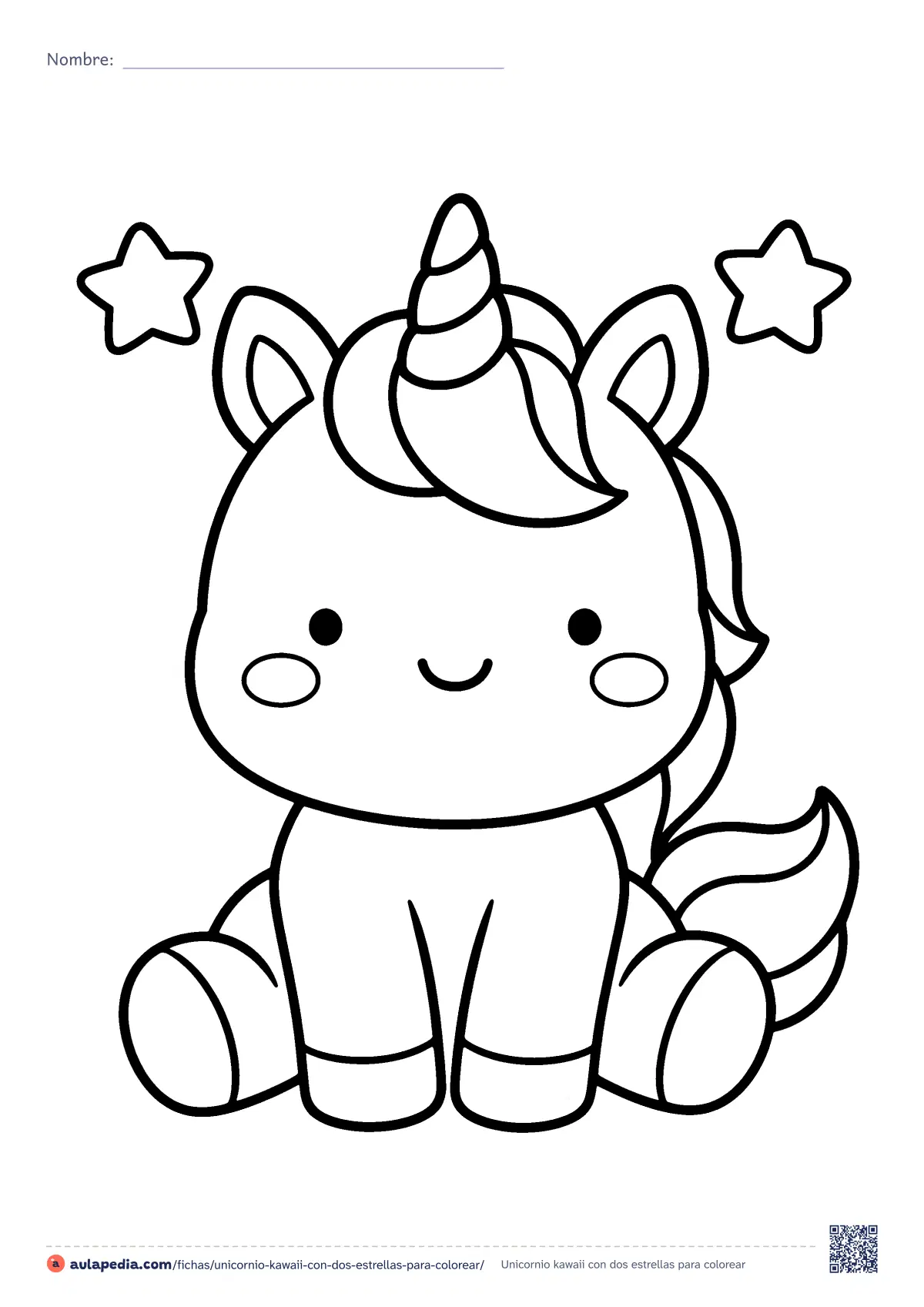 Primera página de la ficha «Unicornio kawaii con dos estrellas»: un unicornio bebé sentado, con cuerno en espiral y dos estrellas, en estilo kawaii. Dibujo fácil para colorear, de trazo grueso y zonas grandes.