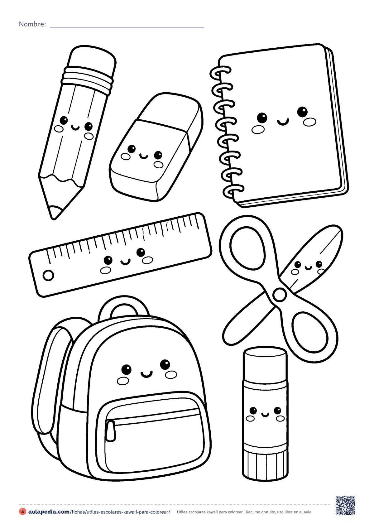 Primera página de la ficha «Útiles escolares kawaii»: lápiz, goma, cuaderno, regla, tijeras, mochila y pegamento. Dibujo de dificultad media para colorear.