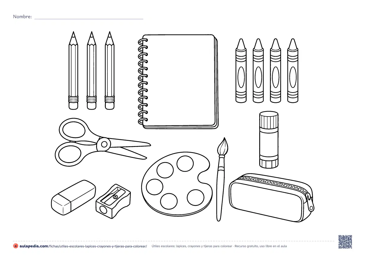 Primera página de la ficha «Útiles escolares: lápices, crayones y tijeras»: tres lápices, cuatro crayones, tijeras, cuaderno, pegamento, goma, sacapuntas, paleta, pincel y estuche. Hoja apaisada para colorear.