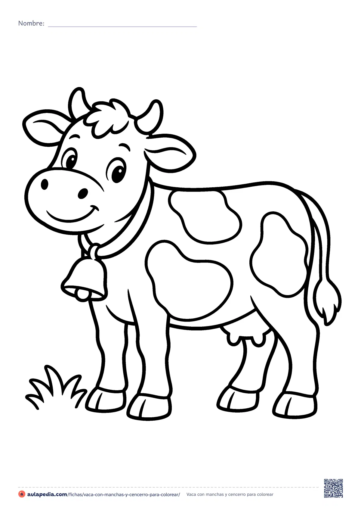 Primera página de la ficha «Vaca con manchas y cencerro»: una vaca de pie, con tres manchas grandes y un cencerro al cuello, junto a una mata de hierba. Trazo grueso para los más pequeños;.