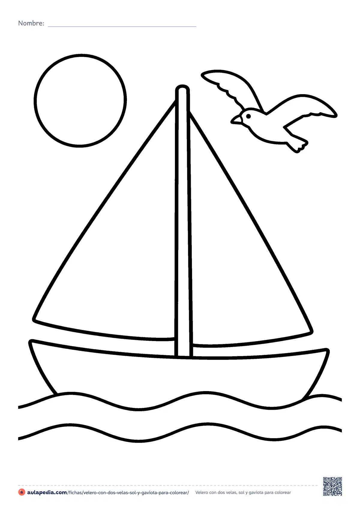 Primera página de la ficha «Velero con dos velas, sol y gaviota»: un velero de dos velas navega sobre las olas, con el sol y una gaviota. Dibujo fácil para colorear, con muy pocas zonas y contorno grueso.