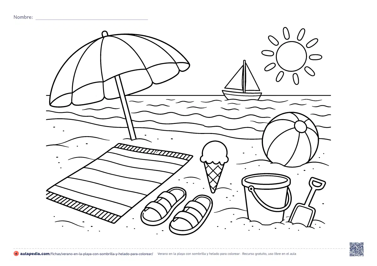 Primera página de la ficha «Verano en la playa con sombrilla y helado»: sombrilla, toalla, sandalias, helado, pelota, cubo y pala en la playa, con el sol y un velero. Hoja apaisada.