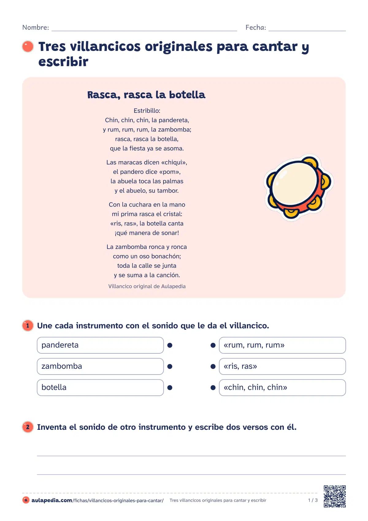 Primera página de la ficha «Tres villancicos originales para cantar y escribir»: la lectura empieza «Estribillo: / Chin, chin, chin, la pandereta, / y rum, rum, rum, la zambomba; / rasca, rasca la…»