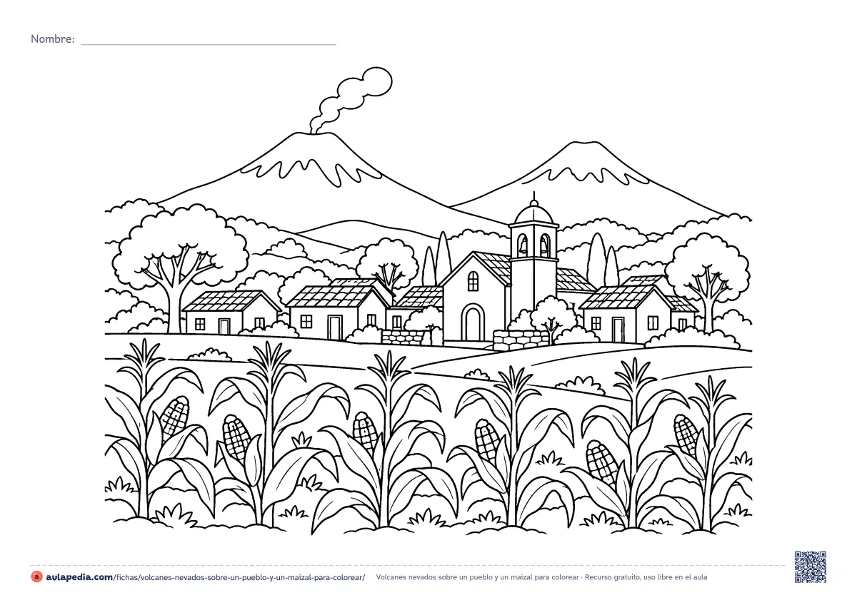 Primera página de la ficha «Volcanes nevados sobre un pueblo y un maizal»: dos volcanes nevados, uno con fumarola, sobre un pueblo con iglesia y casas de teja, y un maizal en primer plano. Hoja apaisada.