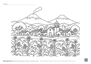 Vista previa de «Volcanes nevados sobre un pueblo y un maizal»
