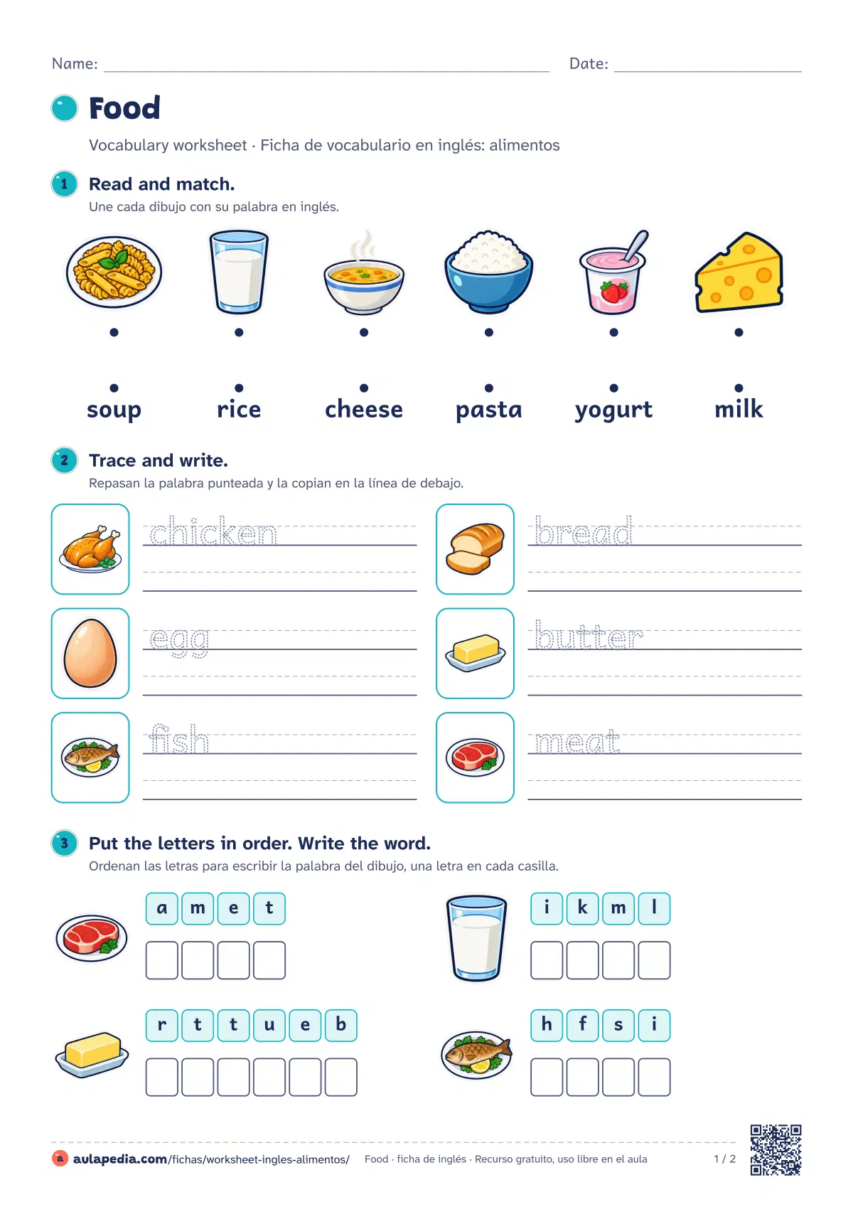 Primera página de la ficha «Food worksheet»: worksheet de 12 palabras (bread, milk y cheese…) con seis ejercicios de menos a más y soluciones.