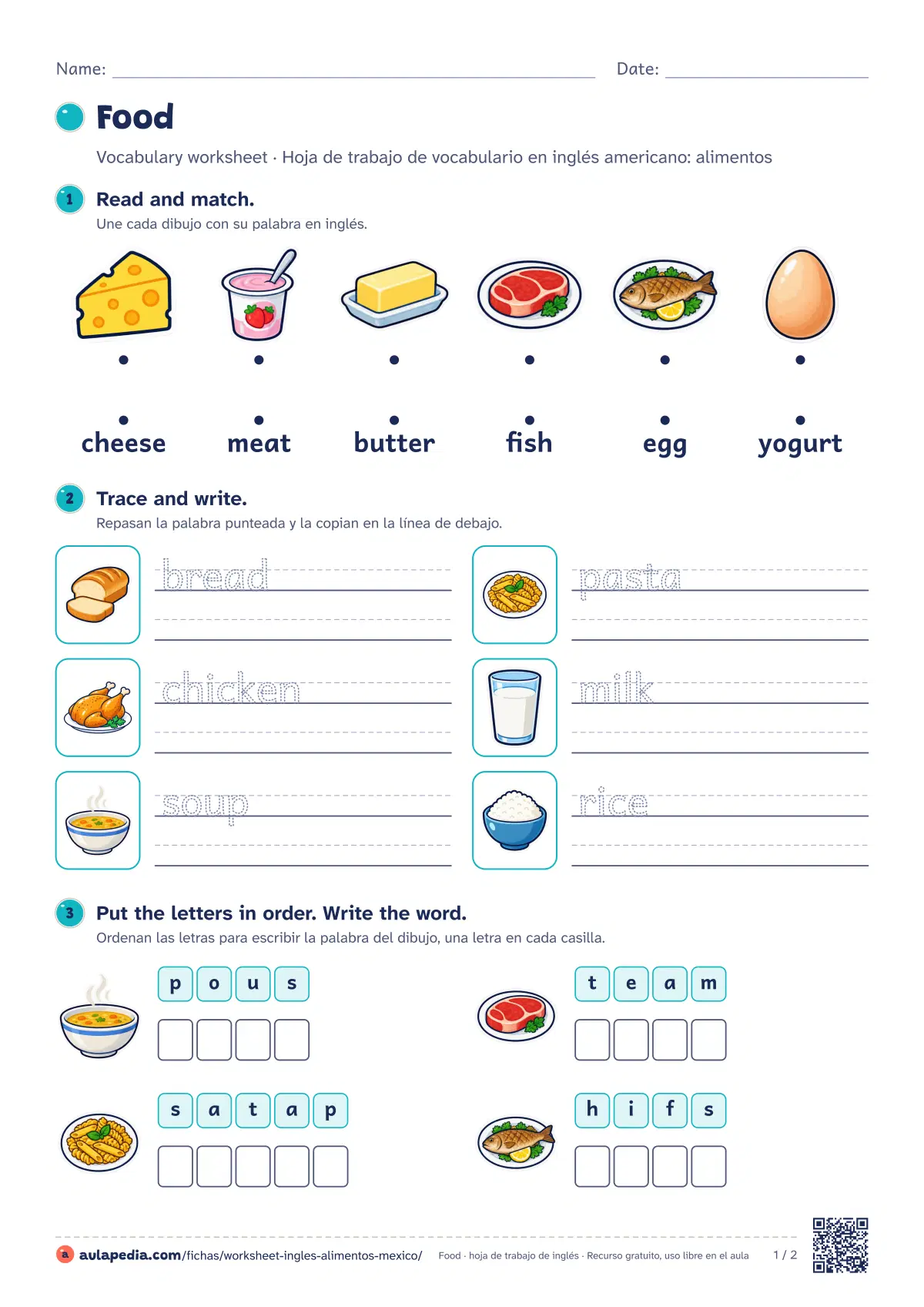 Primera página de la ficha «Food worksheet (México)»: 12 palabras (bread, milk y cheese…), seis ejercicios graduados y soluciones. Para México.