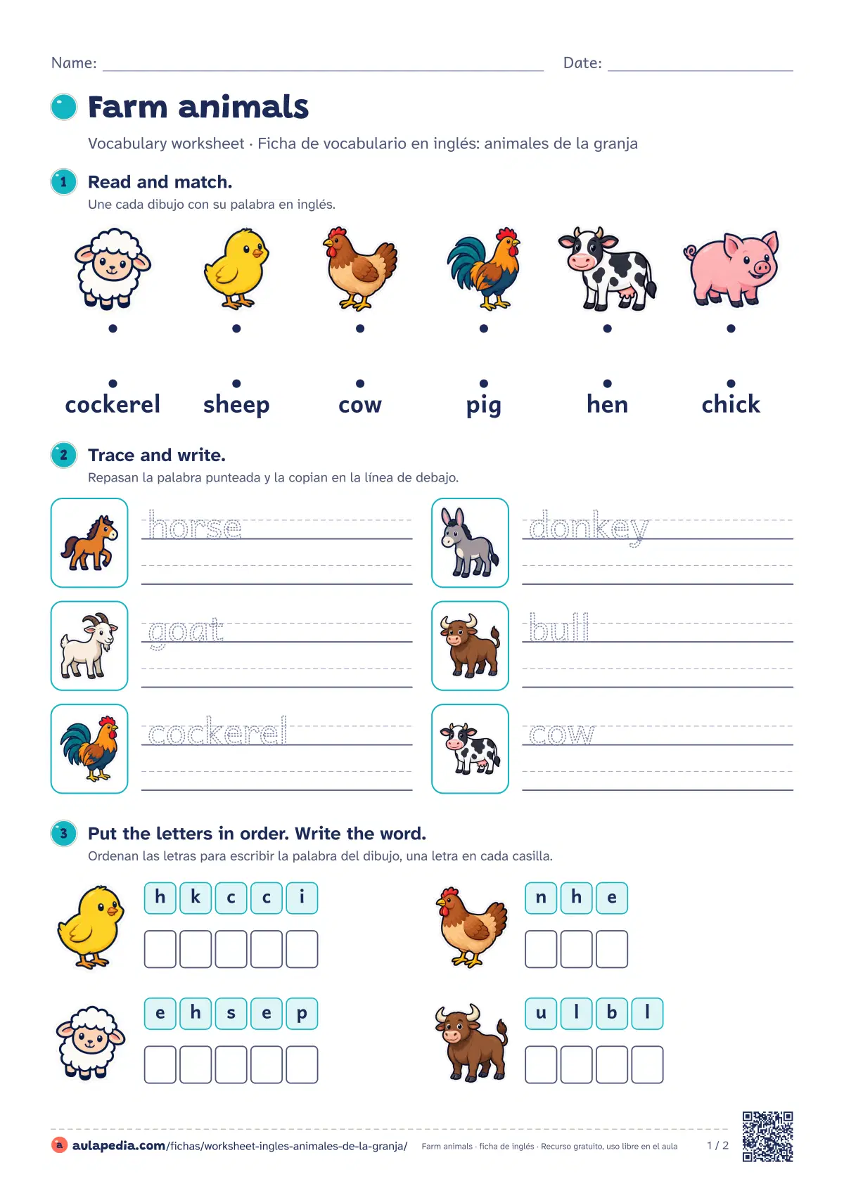 Primera página de la ficha «Farm animals worksheet»: worksheet de 10 palabras (cow, bull y pig…) con seis ejercicios de menos a más y soluciones.