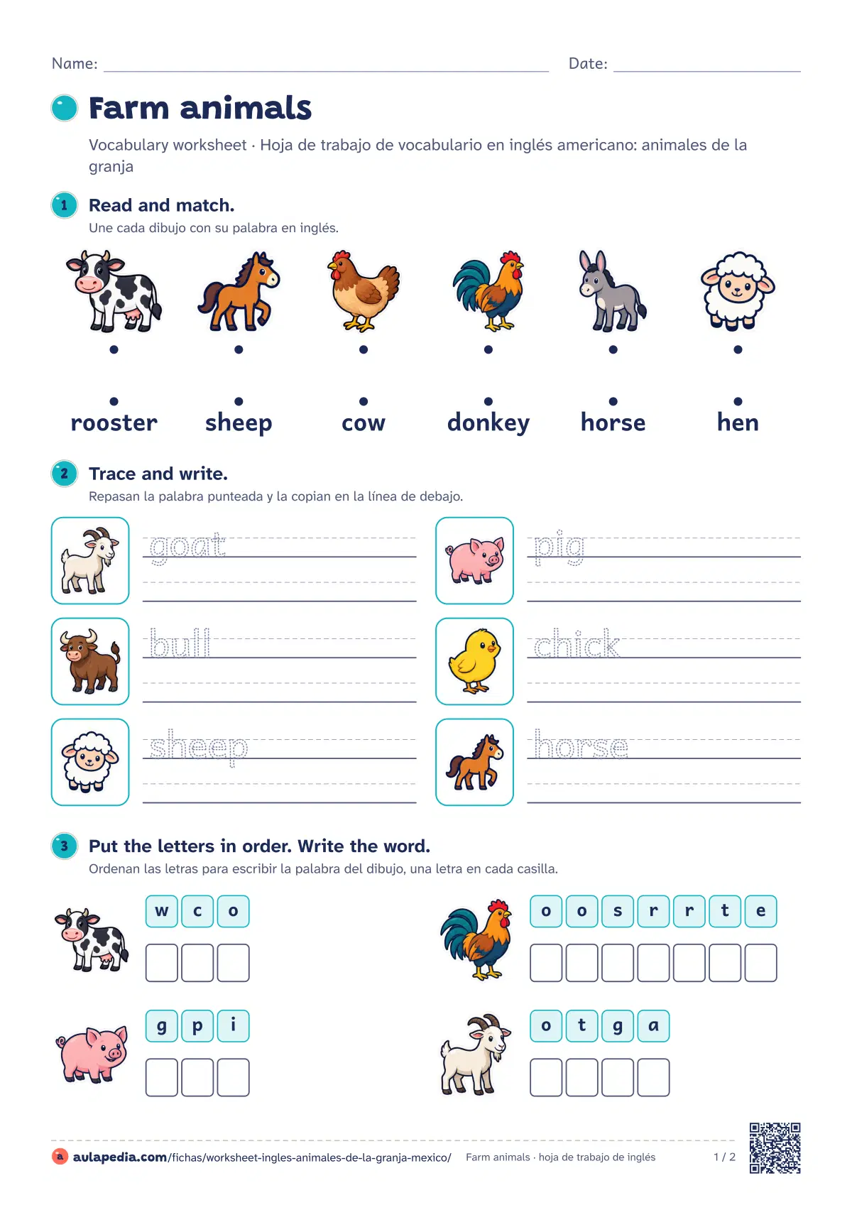 Primera página de la ficha «Farm animals worksheet (México)»: 10 palabras (cow, bull y pig…), seis ejercicios graduados y soluciones. Para México.