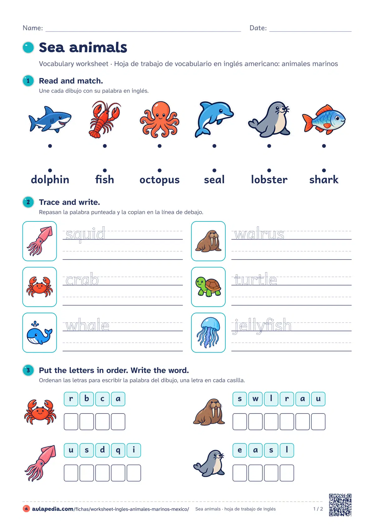 Primera página de la ficha «Sea animals worksheet (México)»: 12 palabras (whale, dolphin y shark…), seis ejercicios graduados y soluciones. Para México. Incluye whale, dolphin, shark, octopus, squid, jellyfish, crab y lobster…