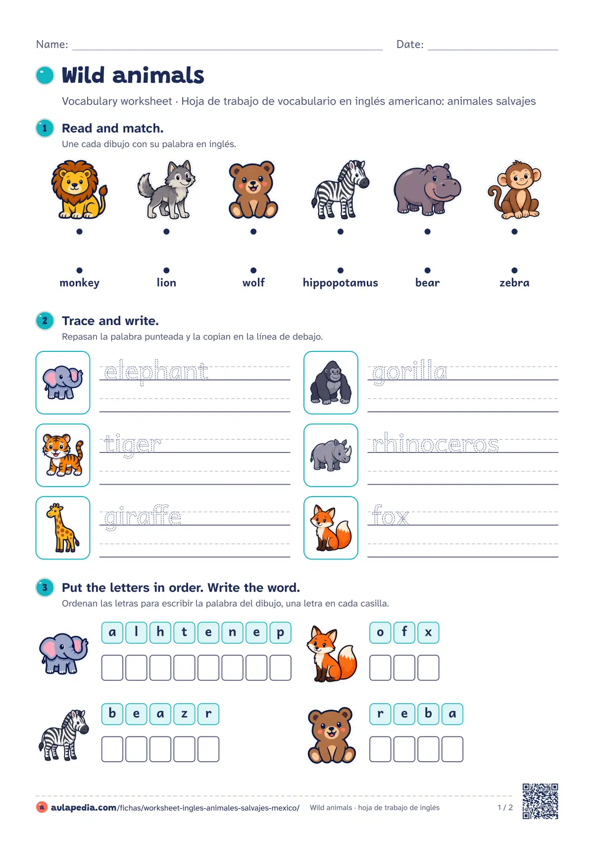Primera página de la ficha «Wild animals worksheet (México)»: 12 palabras (lion, tiger y elephant…), seis ejercicios graduados y soluciones. Para México. Incluye lion, tiger, elephant, giraffe, zebra, monkey, gorilla y bear…