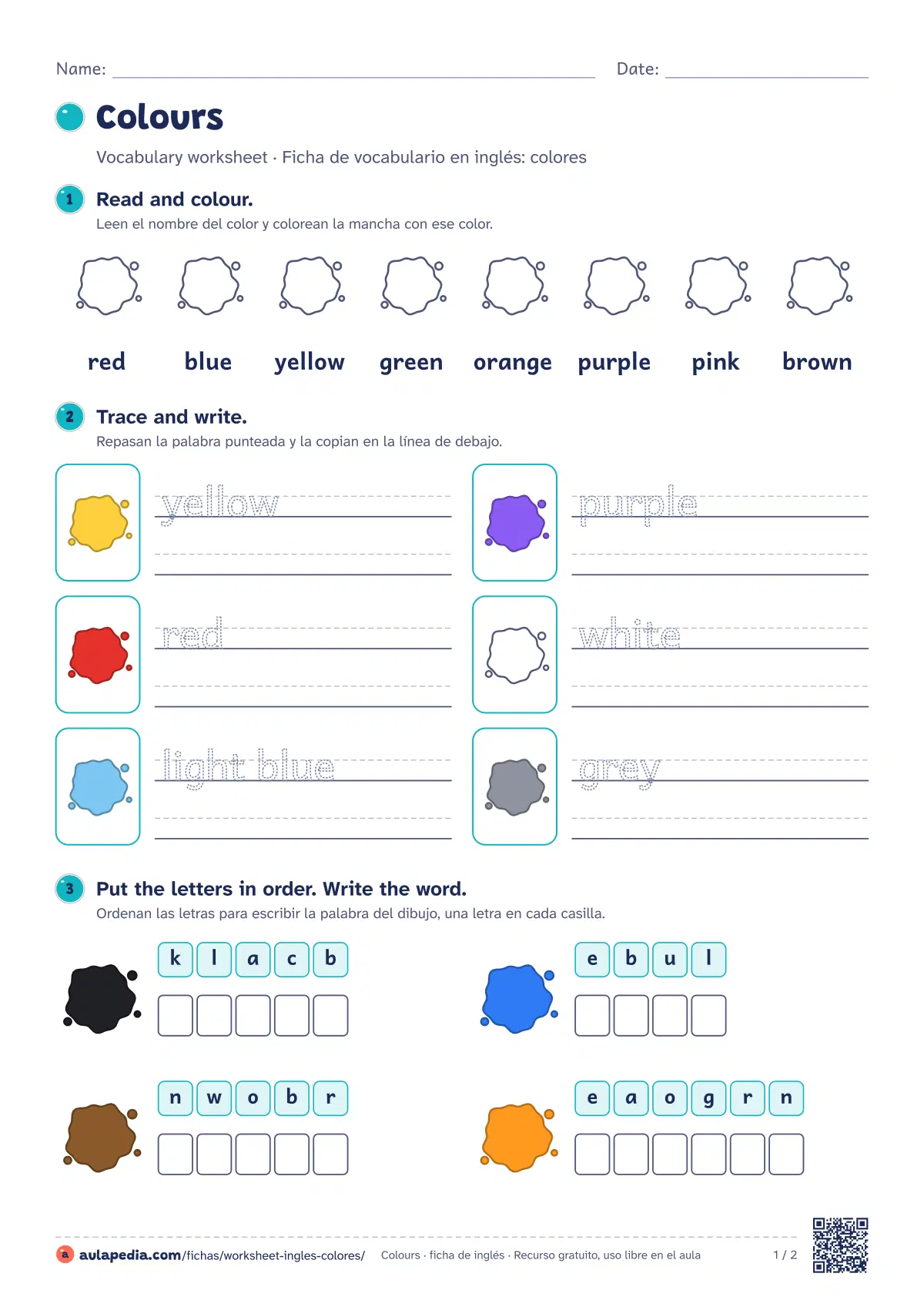 Primera página de la ficha «Colours worksheet»: worksheet de 12 palabras (red, blue y yellow…) con seis ejercicios de menos a más y soluciones.