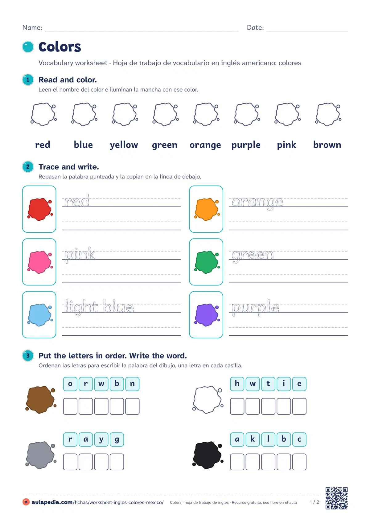 Primera página de la ficha «Colors worksheet (México)»: 12 palabras (red, blue y yellow…), seis ejercicios graduados y soluciones. Para México.