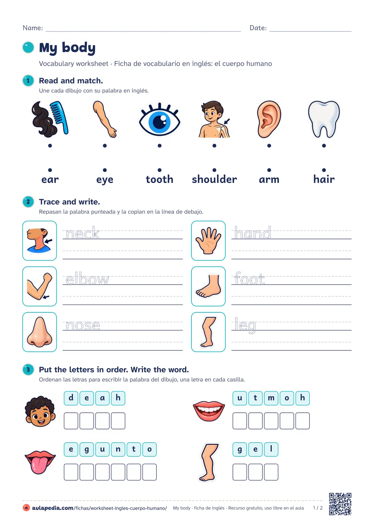 Primera página de la ficha «My body worksheet»: worksheet de 15 palabras (head, hair y eye…) con seis ejercicios de menos a más y soluciones.