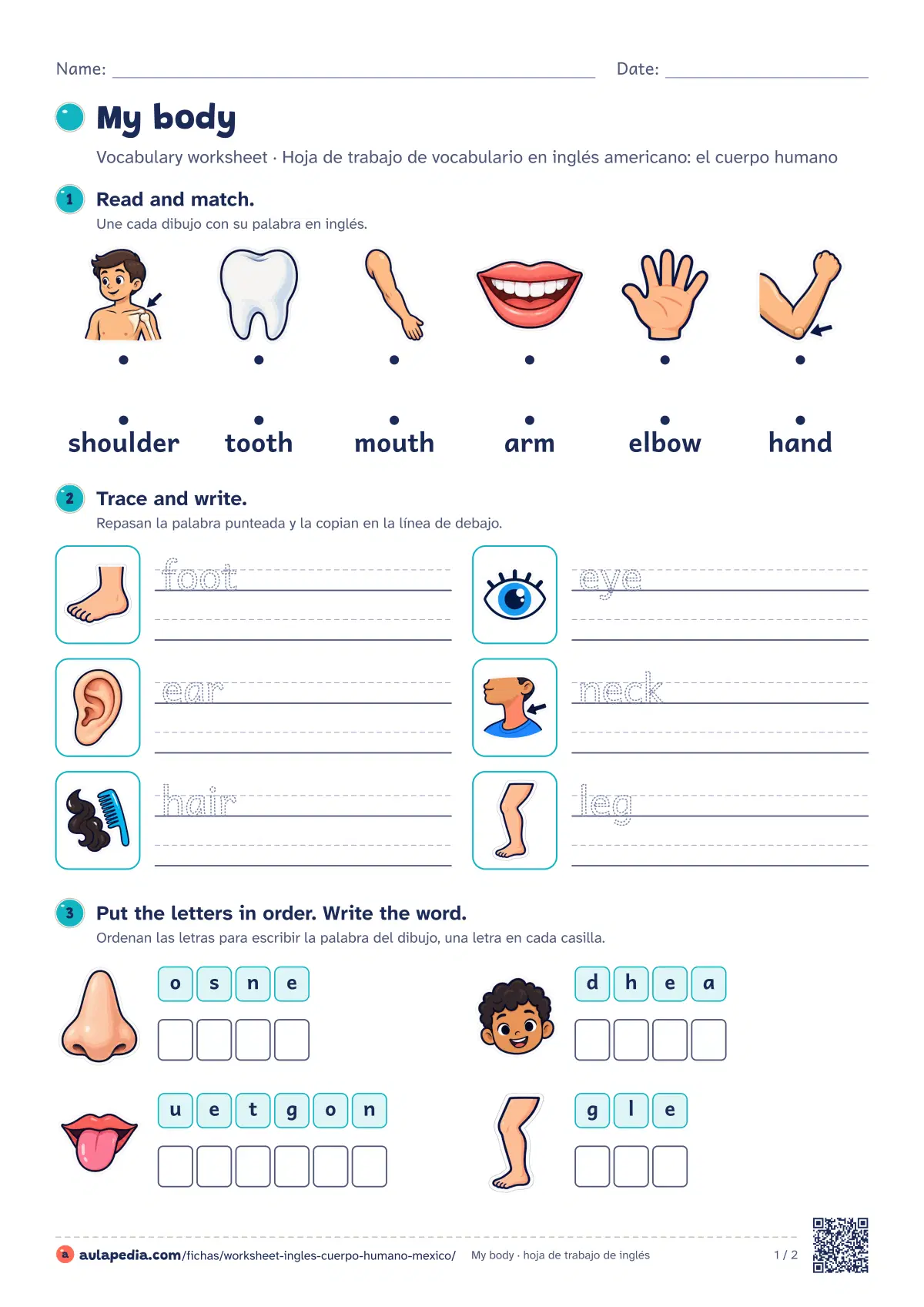 Primera página de la ficha «My body worksheet (México)»: 15 palabras (head, hair y eye…), seis ejercicios graduados y soluciones. Para México.