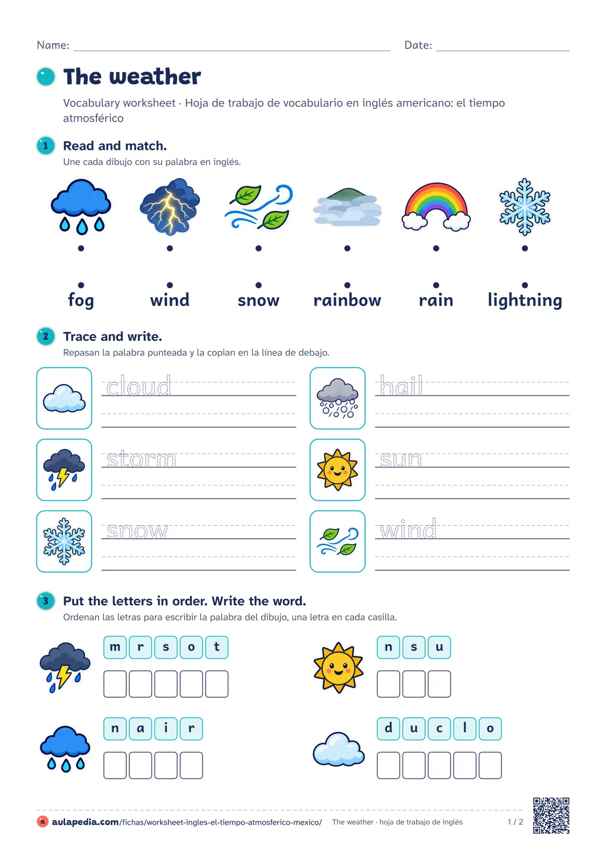 Primera página de la ficha «The weather worksheet (México)»: 10 palabras (sun, cloud y rain…), seis ejercicios graduados y soluciones. Para México. Incluye sun, cloud, rain, snow, wind, storm, lightning y hail…