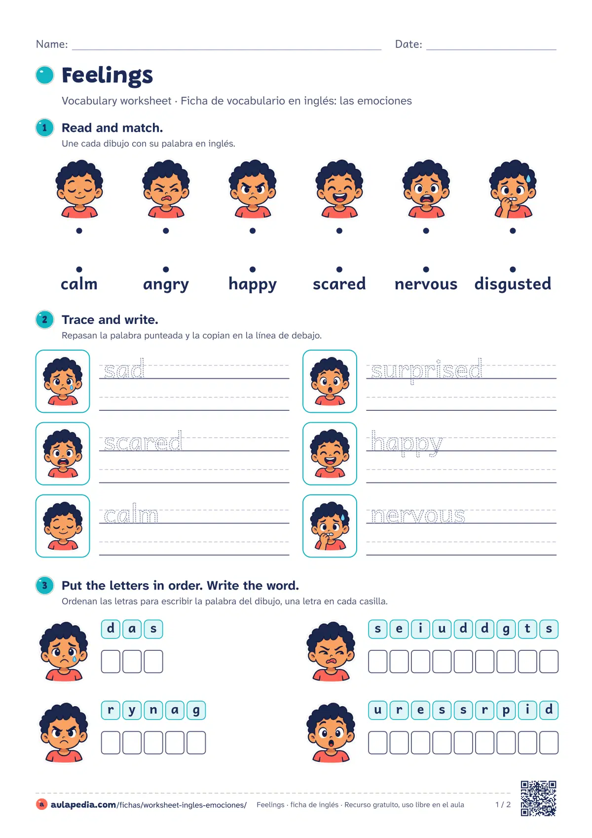 Primera página de la ficha «Feelings worksheet»: worksheet de 8 palabras (happy, sad y scared…) con seis ejercicios de menos a más y soluciones.