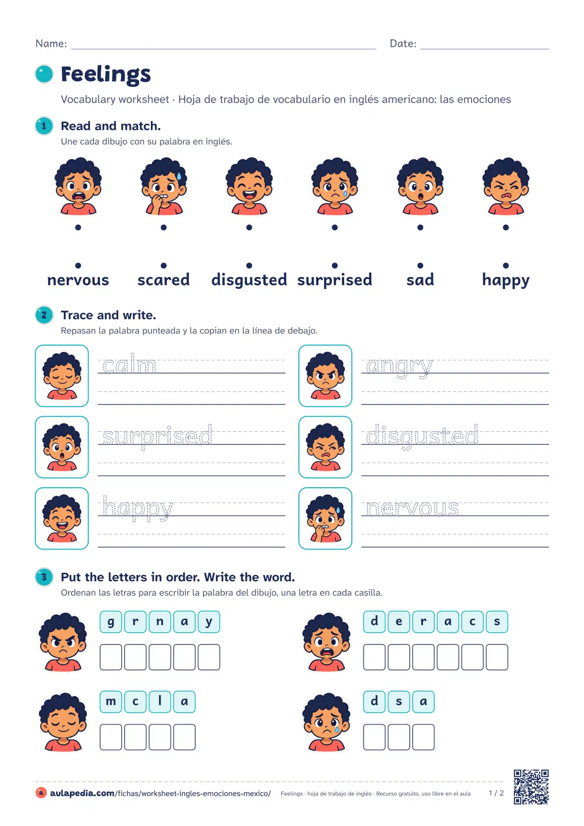 Primera página de la ficha «Feelings worksheet (México)»: 8 palabras (happy, sad y scared…), seis ejercicios graduados y soluciones. Para México.