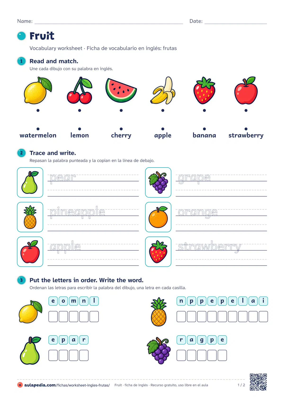 Primera página de la ficha «Fruit worksheet»: worksheet de 10 palabras (apple, pear y banana…) con seis ejercicios de menos a más y soluciones.
