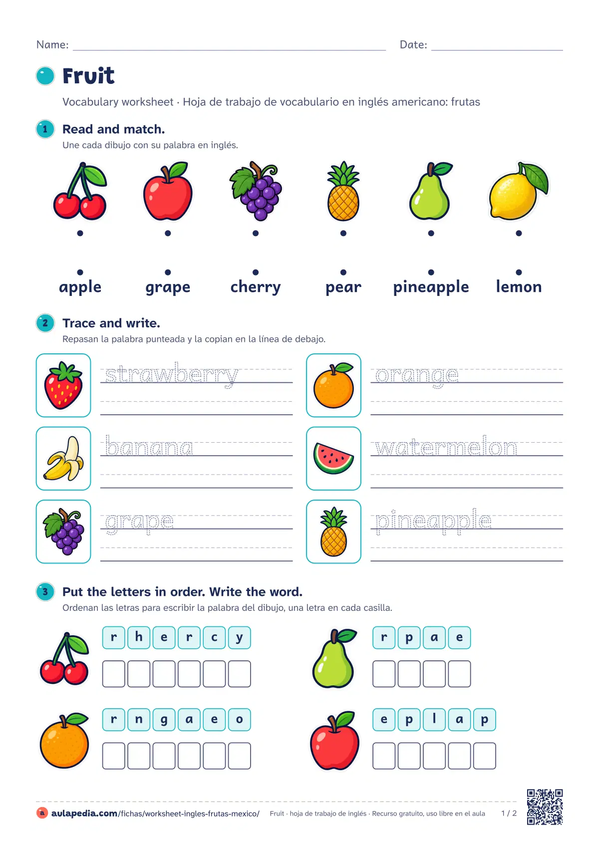 Primera página de la ficha «Fruit worksheet (México)»: 10 palabras (apple, pear y banana…), seis ejercicios graduados y soluciones. Para México.