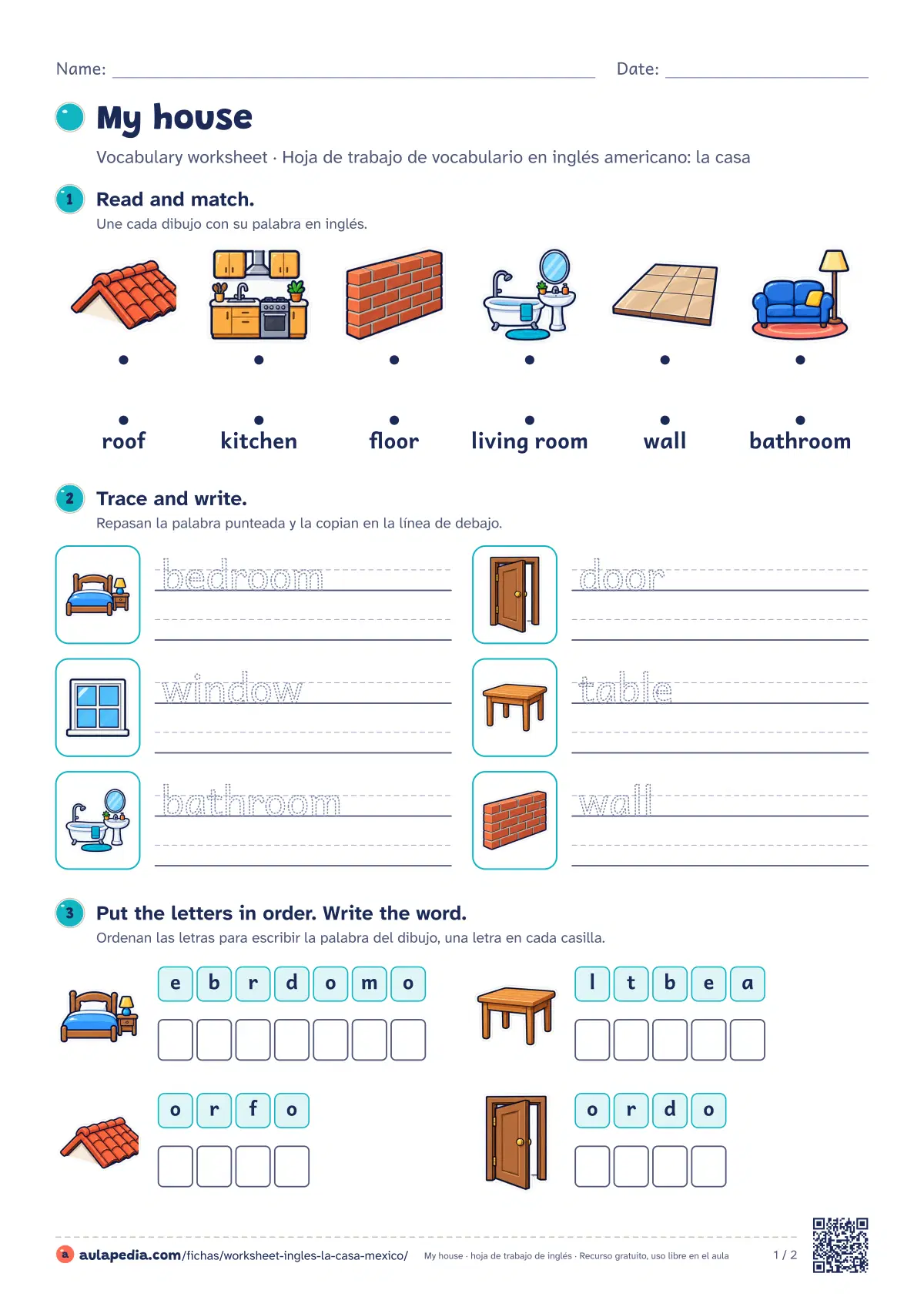 Primera página de la ficha «My house worksheet (México)»: 10 palabras (door, window y roof…), seis ejercicios graduados y soluciones. Para México. Incluye door, window, roof, wall, floor, living room, kitchen y bedroom…