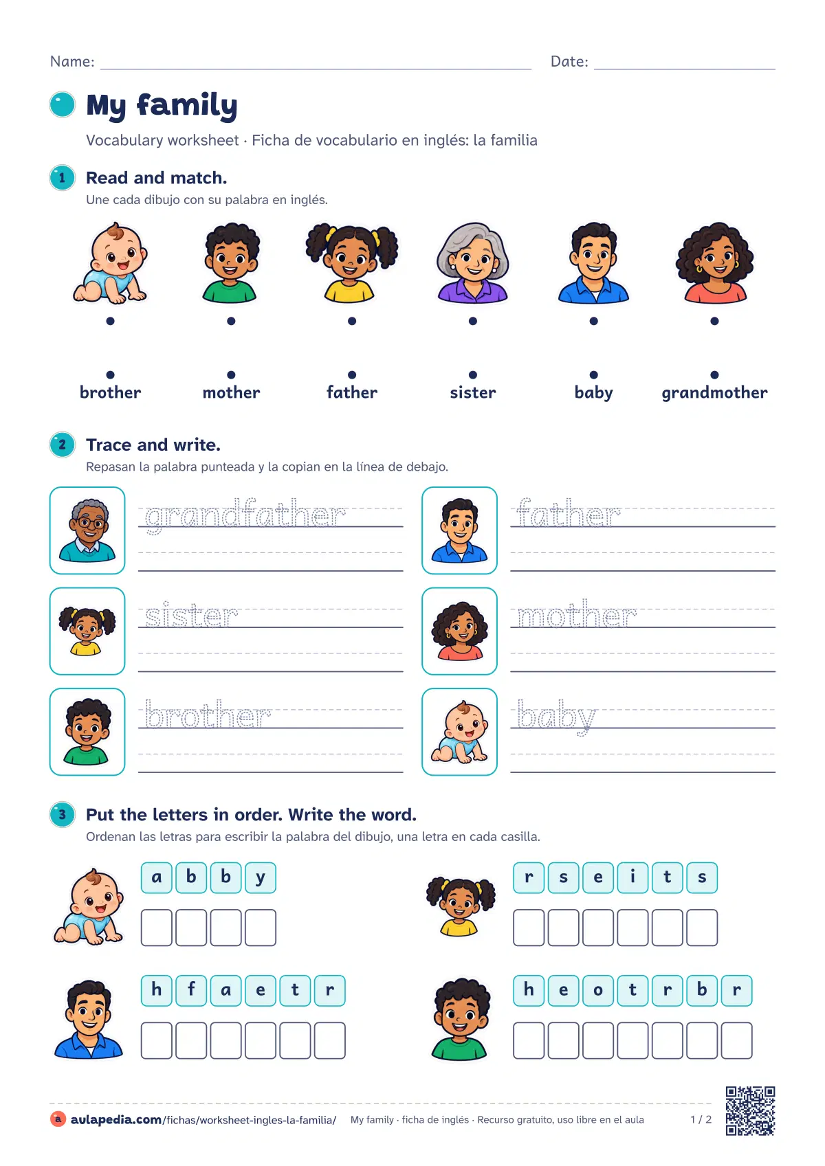 Primera página de la ficha «My family worksheet»: worksheet de 7 palabras (mother, father y brother…) con seis ejercicios de menos a más y soluciones.