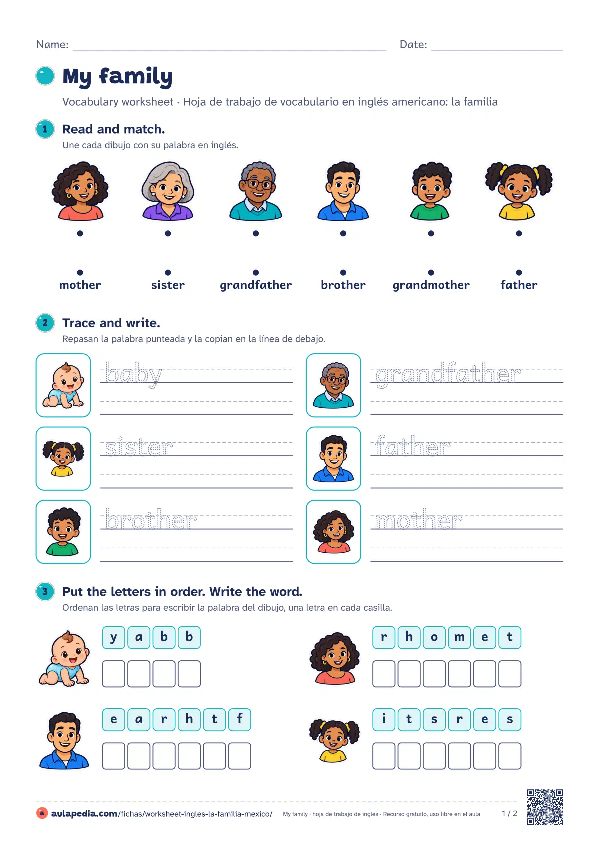 Primera página de la ficha «My family worksheet (México)»: 7 palabras (mother, father y brother…), seis ejercicios graduados y soluciones. Para México.