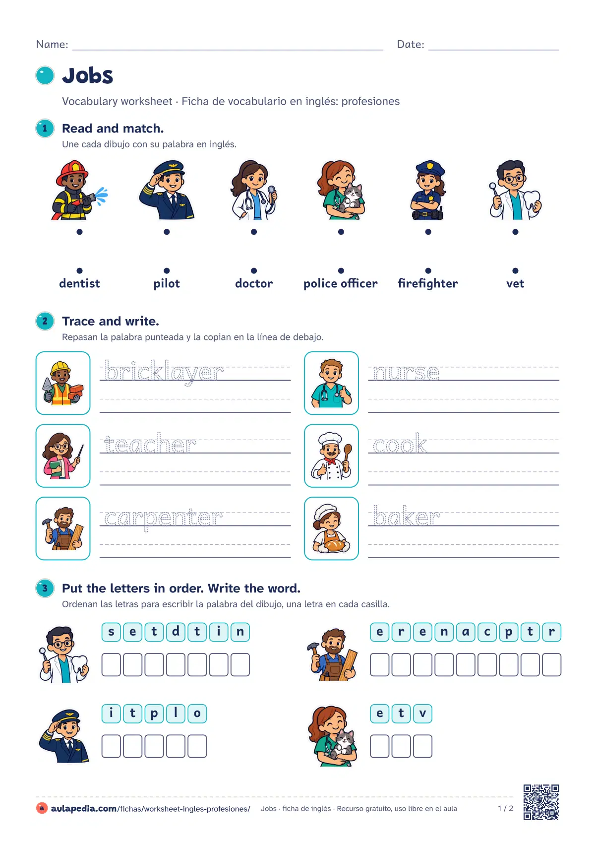 Primera página de la ficha «Jobs worksheet»: worksheet de 12 palabras (doctor, firefighter y police officer…) con seis ejercicios de menos a más y soluciones.