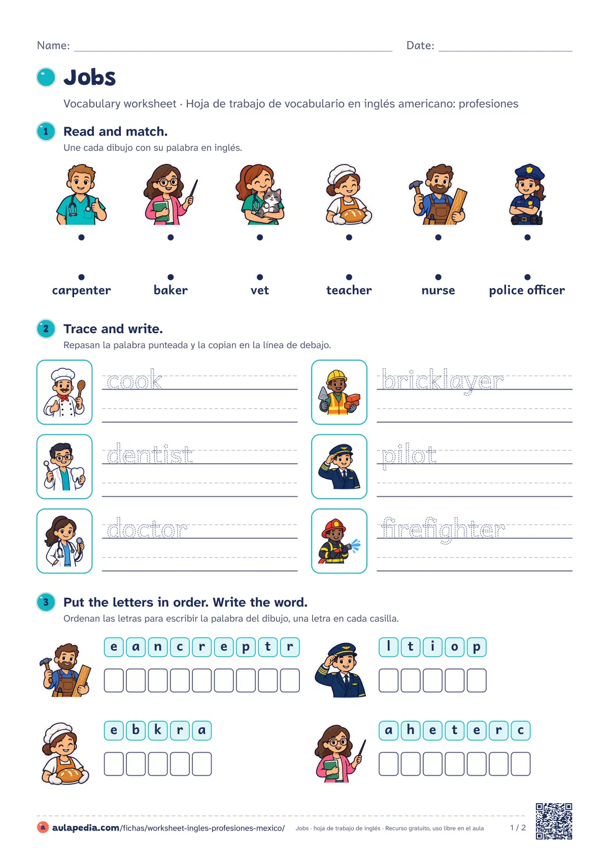 Primera página de la ficha «Jobs worksheet (México)»: 12 palabras (doctor y firefighter…), seis ejercicios graduados y soluciones.
