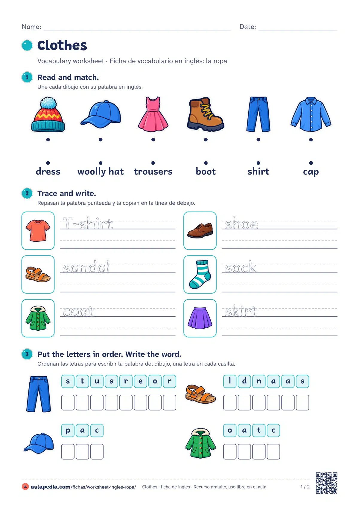 Primera página de la ficha «Clothes worksheet»: worksheet de 12 palabras (T-shirt, shirt y trousers…) con seis ejercicios de menos a más y soluciones.