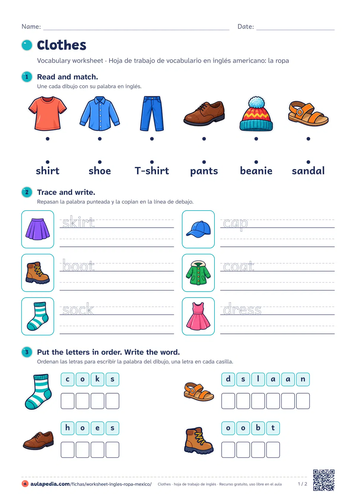 Primera página de la ficha «Clothes worksheet (México)»: 12 palabras (T-shirt, shirt y pants…), seis ejercicios graduados y soluciones. Para México.